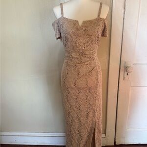 One-Shoulder Lace Evening Gown in Nude Blush